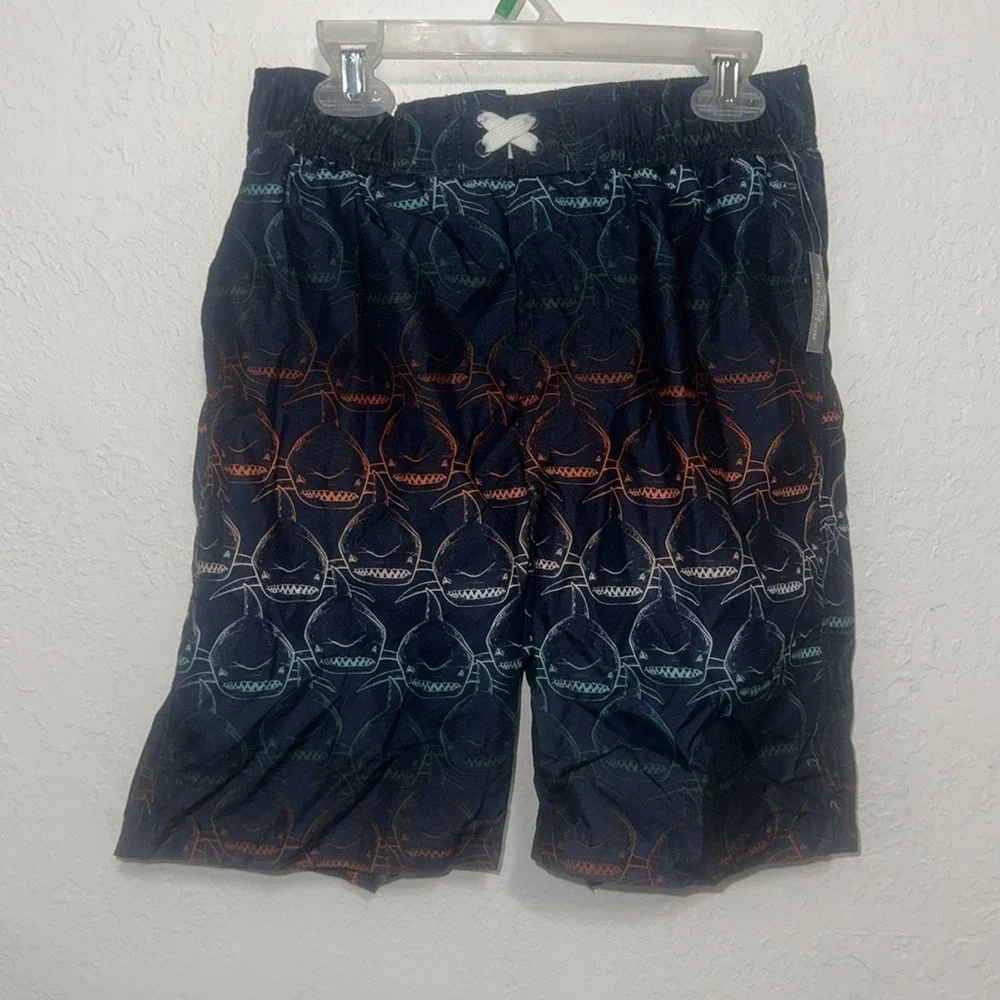 Revolution Boys Shark Print Swim Trunks Navy Blue Orange Teal Size L 12/14 NWT